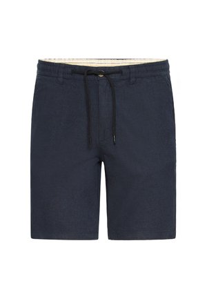 Pomladne hlače v mornarsko modri barvi, izdelane iz lahke tkanine, z elastičnim pasom in vrvico ter preprostim dizajnom, primerne za sproščeno nošenje.