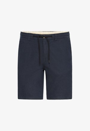 Modre kratke hlače izrađene od lagane tkanine, s elastičnim strukom i vezicom te jednostavnim dizajnom, pogodne za svakodnevno nošenje.