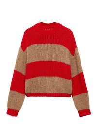 Pullover cu dungi roșii și bej, tricotat, cu guler rotund cu nervuri și mâneci lungi; design cropped; textură moale.