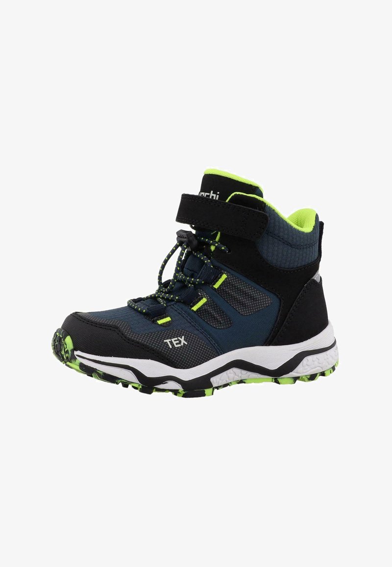 Chaussure de randonnée montante en matériau synthétique bleu marine et noir avec des accents vert fluo. Disposant d'une bande velcro, de lacets et d'une semelle texturée.