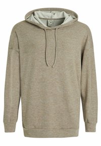 Hoodie beige chiaro con una texture morbida, caratterizzato da un design bicolore, con cappuccio regolabile e maniche lunghe. Polsini e bordo a costine.