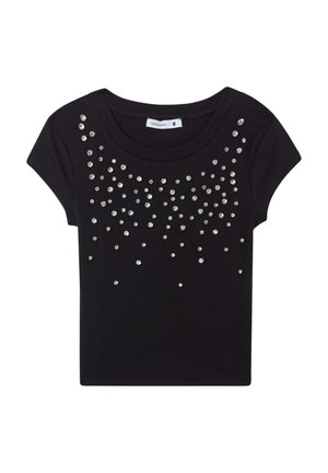 T-shirt in cotone nero a maniche corte, decorato con cristalli trasparenti di diverse dimensioni sparsi sulla parte anteriore. Tessuto morbido.