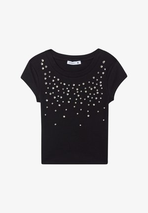 T-shirt in cotone nero a maniche corte, decorato con cristalli trasparenti di diverse dimensioni sparsi sulla parte anteriore. Tessuto morbido.