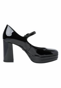 Chaussure Mary Jane en cuir verni noir avec bout rond, semelle plateforme, talon haut épais et une bride simple avec boucle.