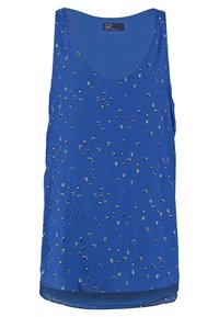 Débardeur bleu sans manches avec petits motifs de cœurs blancs et noirs, col rond, et étiquette de la marque GAP à l'intérieur du col.