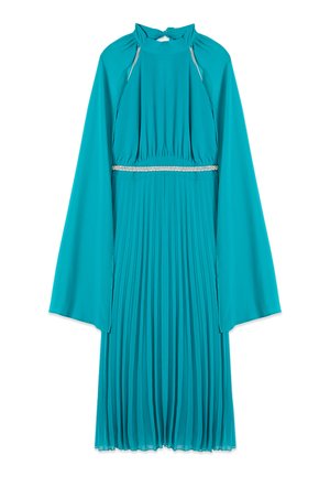 Vestito midi plissettato a maniche lunghe color teal con scollatura a goccia, decorazione argento in vita e maniche svasate.