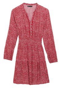 Rotes Kleid mit langen Ärmeln, smocktem Bund, Knopfdetails und einem weißen Blumenmuster. Weicher Stoff mit einem fließenden Rock.