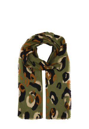 Green scarf with orange, black, and beige abstract leopard print pattern, loosely looped with frayed edges.