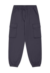 Donker marineblauwe cargobroek met een elastische tailleband, trekkoord en twee zijzakken; taps toelopende enkels en een gladde, lichte stof.