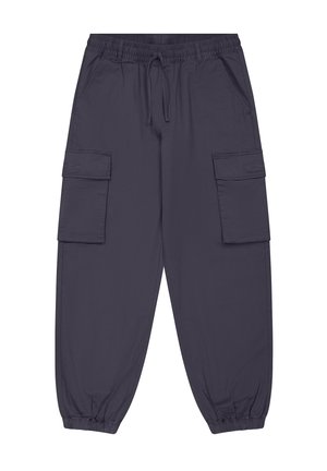 Pantalons cargo bleu marine foncé avec une taille élastique, un cordon de serrage et deux poches latérales ; chevilles resserrées et tissu lisse et léger.
