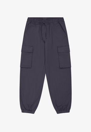 Dunkelblaue Cargo-Hosen mit elastischem Bund, Kordelzug und zwei Seitentaschen; schmal zulaufende Knöchel und glattes, leichtes Material.