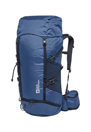 Mochila de senderismo azul hecha de tela duradera; cuenta con correas ajustables, bolsillos laterales y un compartimento con cremallera en la parte inferior.