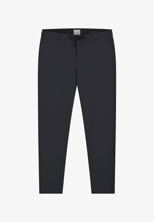 Pantalons bleu marine avec une texture lisse, taille élastique et fermeture à cordon. Comprend des poches standard et une coupe ajustée.