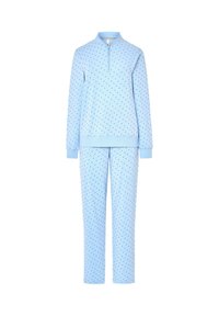 Conjunto de camiseta de manga larga y pantalones de color azul claro con pequeños lunares oscuros, que presenta un cuello con media cremallera y puños y dobladillo acanalados.