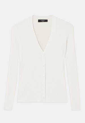 Cardigan blanc à côtes avec manches longues, décolleté en V profond et six boutons sur le devant. Texture douce et design ajusté.