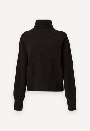 Black high-neck long-sleeve sweater with ribbed cuffs and hem, displayed on a white background.