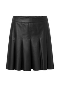 Gonna plissettata in pelle nera con vita aderente e finitura texturizzata, con una silhouette svasata che si estende fino a metà coscia.