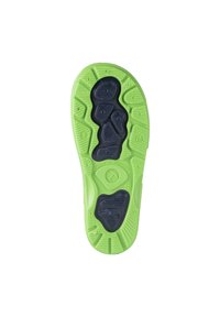 Semelle de chaussure en caoutchouc vert avec des motifs texturés et des accents noirs. Inclut des points de grip et des sections surélevées pour plus de traction.