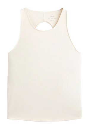 Svetlo béžový top bez rukávov s okrúhlym výrezom na chrbte, vyrobený z hladkej látky, so klasickým rovný lemom.