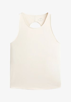 Svetlo béžový top bez rukávov s okrúhlym výrezom na chrbte, vyrobený z hladkej látky, so klasickým rovný lemom.