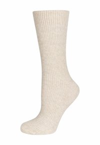 Calzino a coste di colore crema, alto fino al ginocchio, con una superficie liscia e punta rinforzata, caratterizzato da un design classico per l'uso quotidiano.