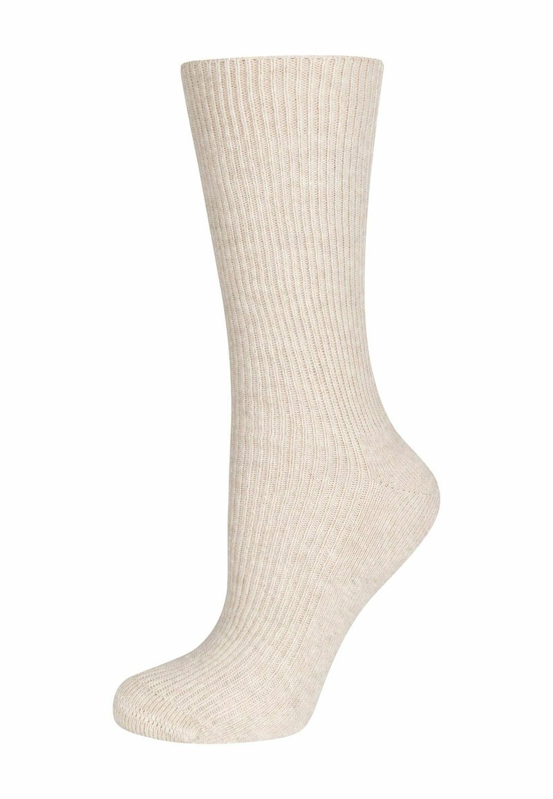 Calzino a coste di colore crema, alto fino al ginocchio, con una superficie liscia e punta rinforzata, caratterizzato da un design classico per l'uso quotidiano.
