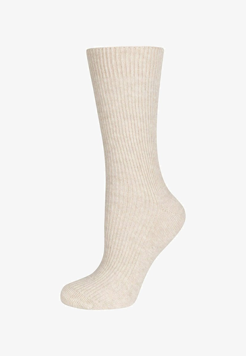 Cremefarbene, gerippte kniehohe Socke mit glatter Textur und verstärktem Zehenbereich, ausgestattet mit einem klassischen Design für den täglichen Gebrauch.