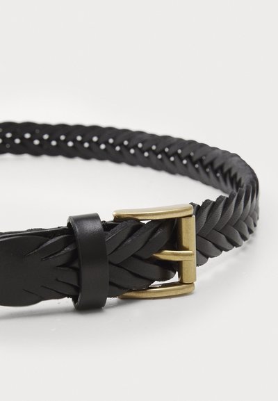 Black braided leather belt featuring a gold-tone rectangular buckle and a smooth section for adjusting. Textured finish with unique weaving details.