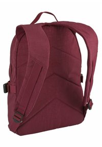 Burgunderfarbener Rucksack aus einem strukturierten, strapazierfähigen Stoff. Verfügt über gepolsterte, verstellbare Riemen, einen oberen Griff und ein geometrisches Stickmuster.