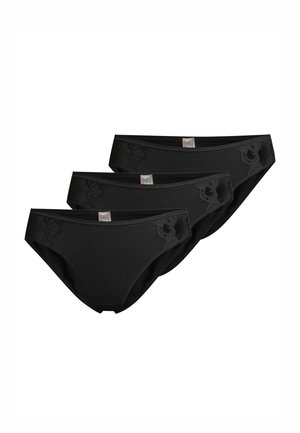 Three black bikini-style women's underwear with subtle embroidered floral details near the waistband, displayed overlapping on a white background.