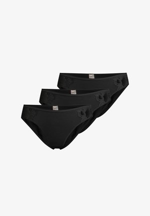 Drei schwarze Damenunterhosen im Bikini-Stil mit dezenten, gestickten Blumendetails in der Nähe des Bunds, überlappend auf weißem Hintergrund dargestellt.