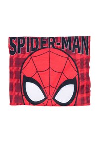 Rode fleecedeken met een groot Spider-Man gezichtsontwerp, zwarte omlijning en een geruit patroon als achtergrond. Tekst zegt "SPIDER-MAN."