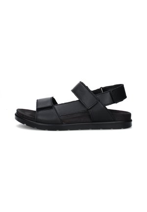Sandalo nero con punta aperta e cinturini regolabili sopra le dita, il mesopiede e il tallone, con suola piatta e soletta imbottita.