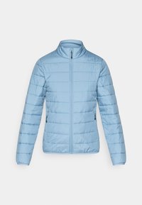 Giacca puffer blu chiaro con colletto alto, zip frontale e tasche laterali. Presenta cuciture orizzontali e una texture del tessuto liscia e lucida.