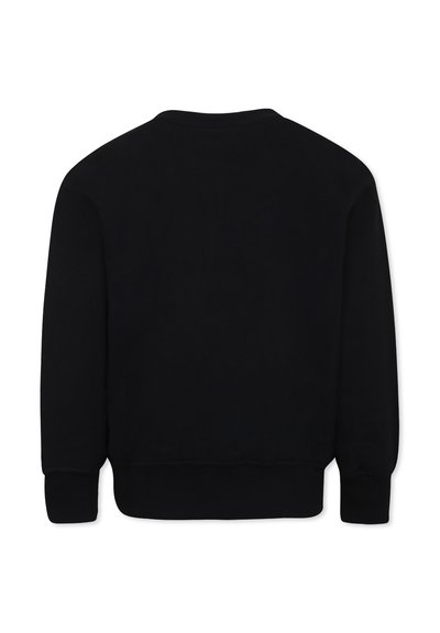 Felpa nera con colletto rotondo, maniche lunghe e polsini a coste. Texture liscia e colore uniforme senza loghi o motivi visibili.