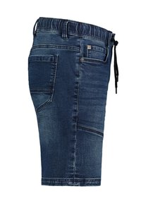 Denim shorts in dark blue with a soft texture, elastic waistband, drawstring closure, and side pockets. Machine-stitched detailing.