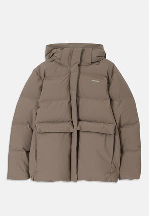 Brown puffer jacket with a hood, featuring a front zipper, two large front pockets, and a smooth matte texture. Brand logo on chest.