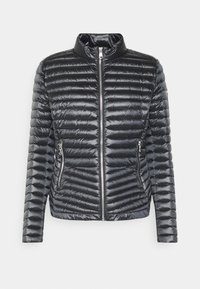 Black puffer jacket with a zip closure, padded design, high collar, and two side zip pockets. Features horizontal quilting for insulation.