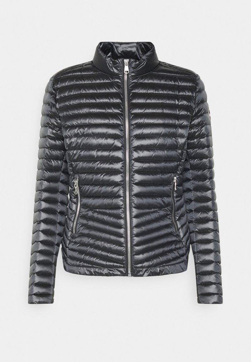 Black puffer jacket with a zip closure, padded design, high collar, and two side zip pockets. Features horizontal quilting for insulation.