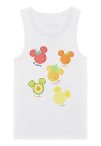 Weißes Tanktop mit bunten Obstmotiven: Erdbeere, Orange, Avocado, Ananas, Zitrone, jede stilisiert mit Mausohren, bedruckt.