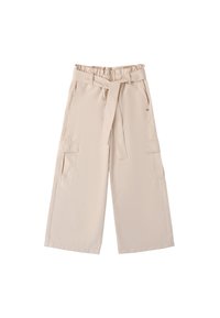 Beżowe spodnie cargo o szerokich nogawkach z elastycznym pasem, sznurkiem i dwiema bocznymi kieszeniami. Gładka tekstura i luźny krój.