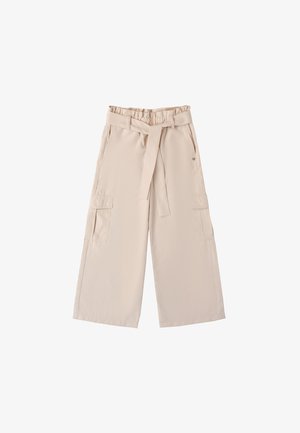 Beige wijde cargobroek met een elastische tailleband, strik en twee zijzakken. Gladde textuur en een relaxte pasvorm.