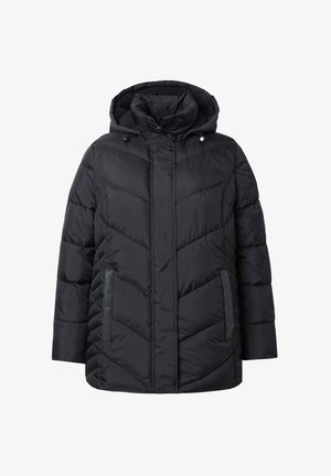 Giacca a vento nera con cappuccio, caratterizzata da un design trapuntato a triangoli, due tasche laterali e cordini regolabili al collo.