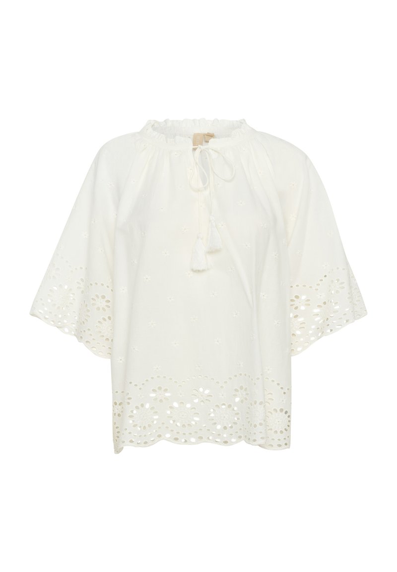 Blusa bianca ricamata con collo arricciato, fiocco e maniche corte. Il motivo floreale a occhieggianti lungo l'orlo aggiunge un tocco di dettaglio. Tessuto leggero.