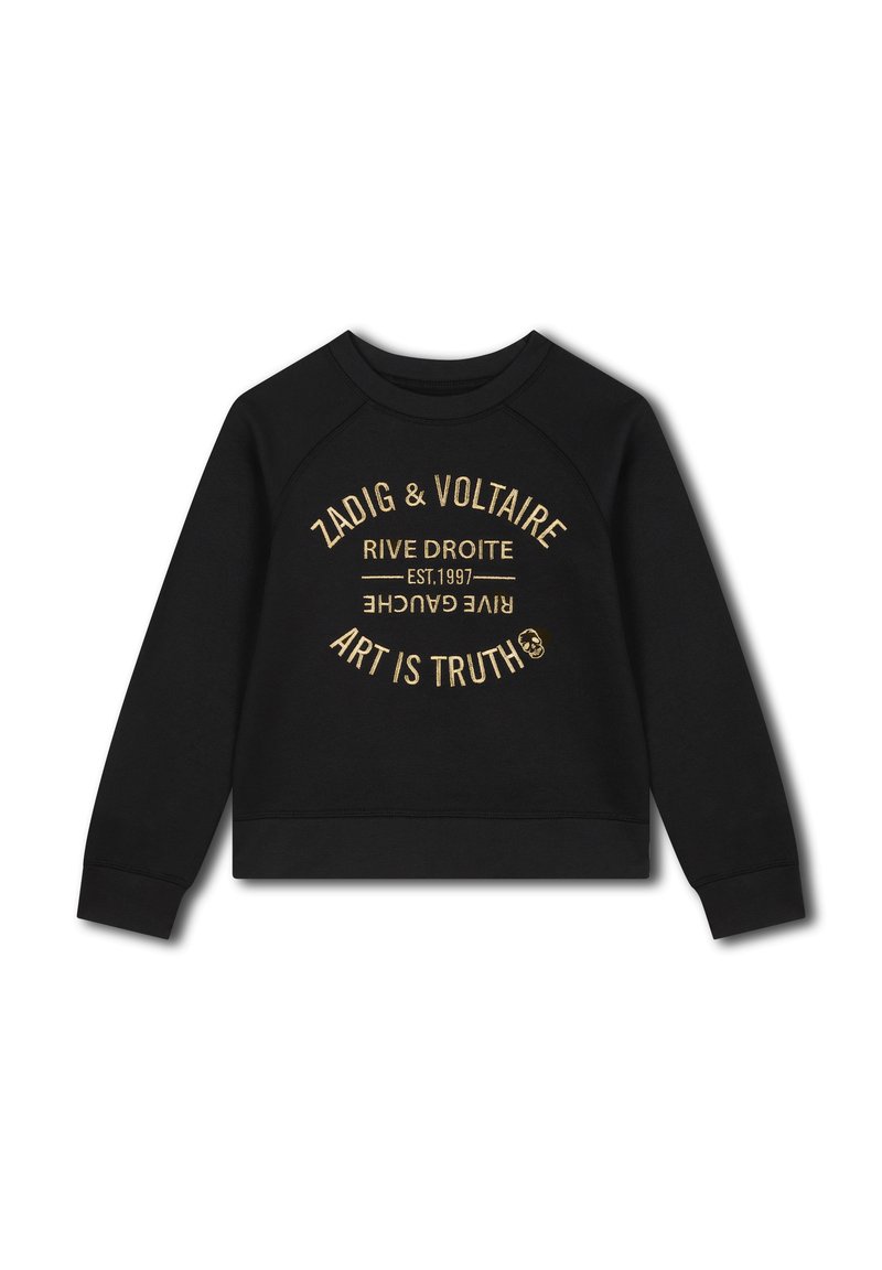 Zwarte sweatshirt met ronde hals, raglanmouwen en gouden tekst: "ZADIG & VOLTAIRE RIVE DROITE EST.1997 ART IS TRUTH" op de voorkant.