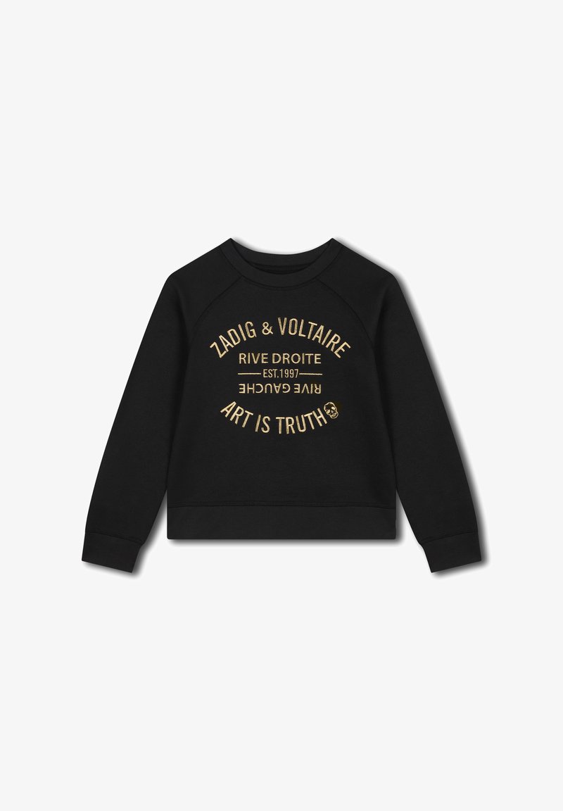 Zwarte sweatshirt met ronde hals, raglanmouwen en gouden tekst: "ZADIG & VOLTAIRE RIVE DROITE EST.1997 ART IS TRUTH" op de voorkant.