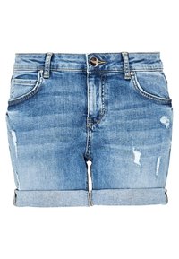 Blue denim shorts with a distressed finish, featuring a rolled hem, five-pocket design, and metal button closure.