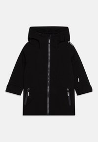 Schwarze Kapuzenjacke mit durchgehendem Reißverschluss, zwei seitlichen Reißverschluss-Taschen und Logodetails auf der Schulter. Glattes, wasserabweisendes Material.