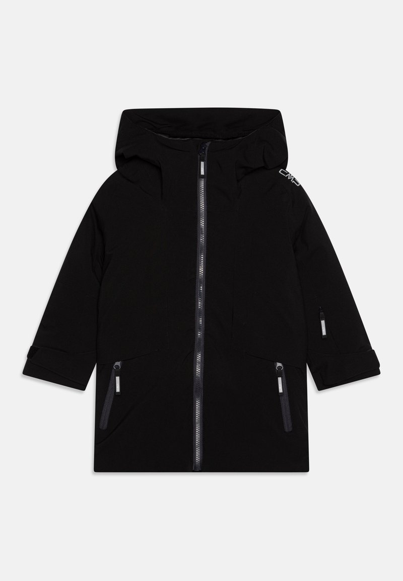 Schwarze Kapuzenjacke mit durchgehendem Reißverschluss, zwei seitlichen Reißverschluss-Taschen und Logodetails auf der Schulter. Glattes, wasserabweisendes Material.