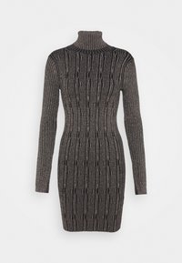 Robe col roulé à manches longues en maille côtelée avec motifs torsadés verticaux dans des tons gris foncé et noir, silhouette ajustée.